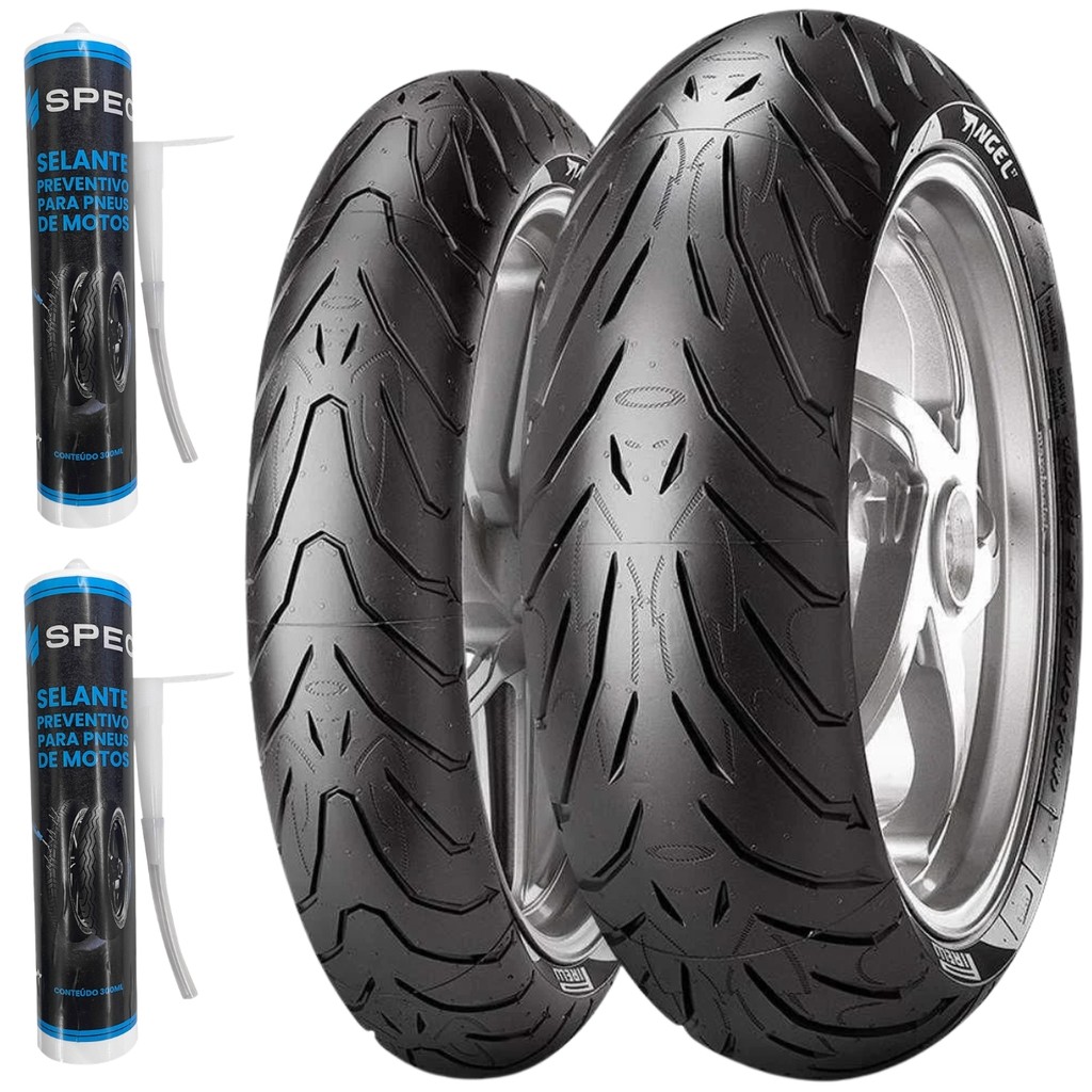 KIT PNEU 180/55-17 + 120/70-17 ANGEL ST PIRELLI USO SEM CAMARA Cb650 Mt07 Mt09 Z900 Z800 Versys 1000 + 2 SELANTES SPEC