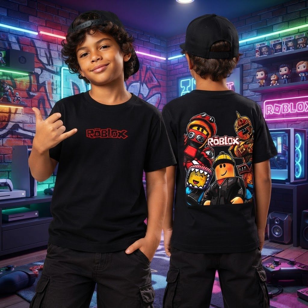 Camiseta Infantil Roblox Gamer Camisa Manga Curta Personagens Jogos Moda Crianca Presente Aniversario Estilosa