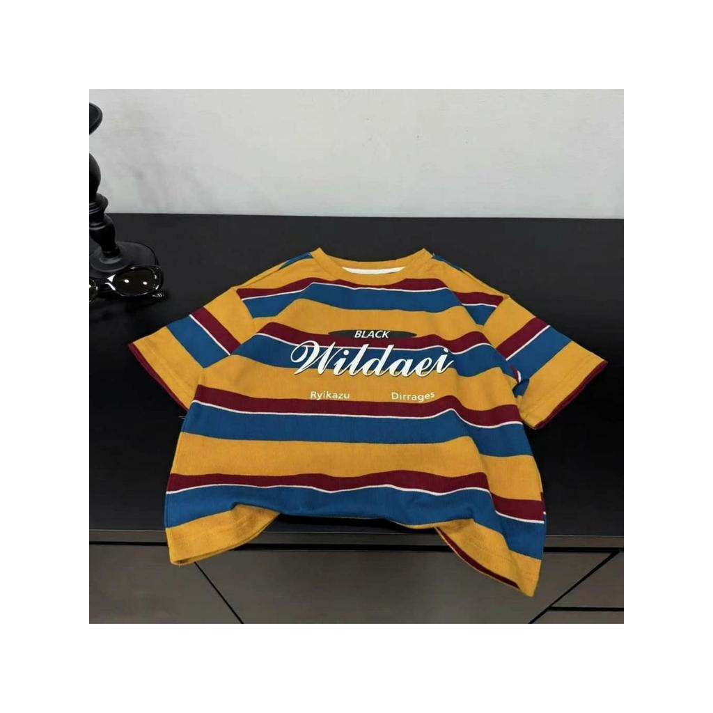 Novo estilo meninos listrado All-Match camiseta infantil verão simples t médio grande crianças leve respirável de manga 