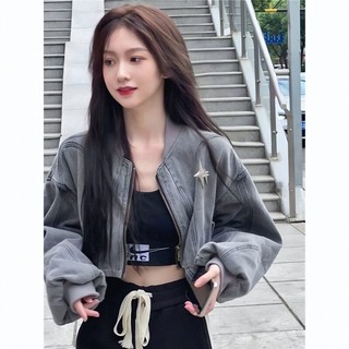 Curto americano Cardigan outono jaqueta Denim roupas superiores lavado zíper manga longa solta jaqueta feminina moda que