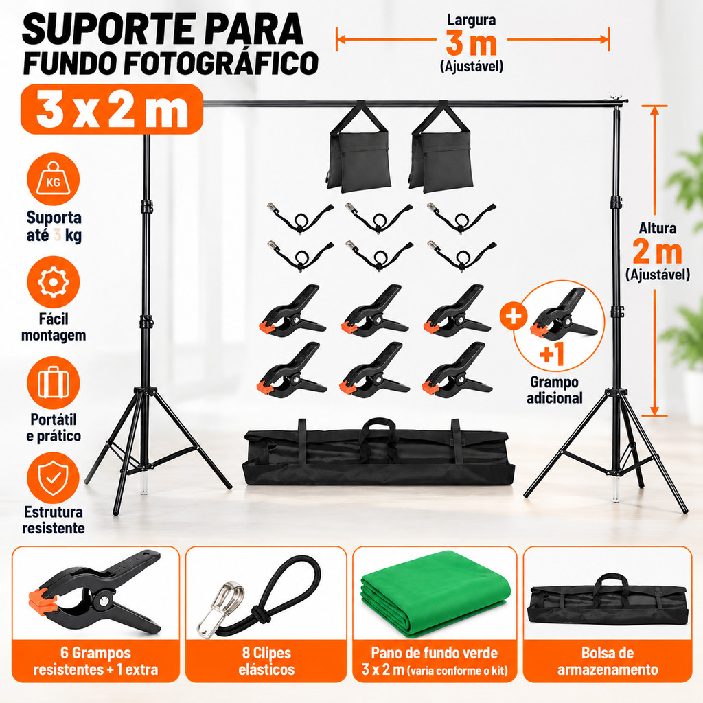 Suporte de fundo infinito 3x2m+4 Presilhas Fotográfica+Bolsa+Multifuncional E com Altura Ajustável