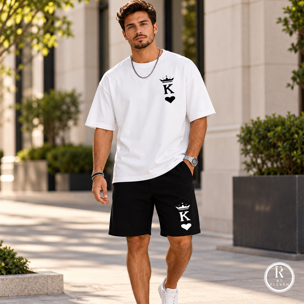 Conjunto Masculino K King  Camiseta + Bermuda Moletom Estampada Kit Camiseta  Streetwear Masculina + Short Moletom