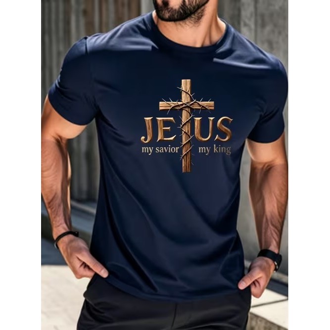 Camiseta Masculina Manga Curta Estampada Jesus Cruz Confortável Moderna Premium Estilosa para Moda Casual Tendência