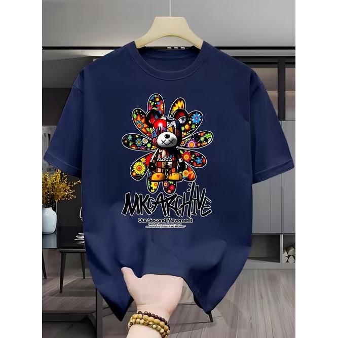 Camiseta Manga Curta Estampada Urso Colorido Divertida Confortável Estilosa Moderna para Uso Casual Tendência Verão