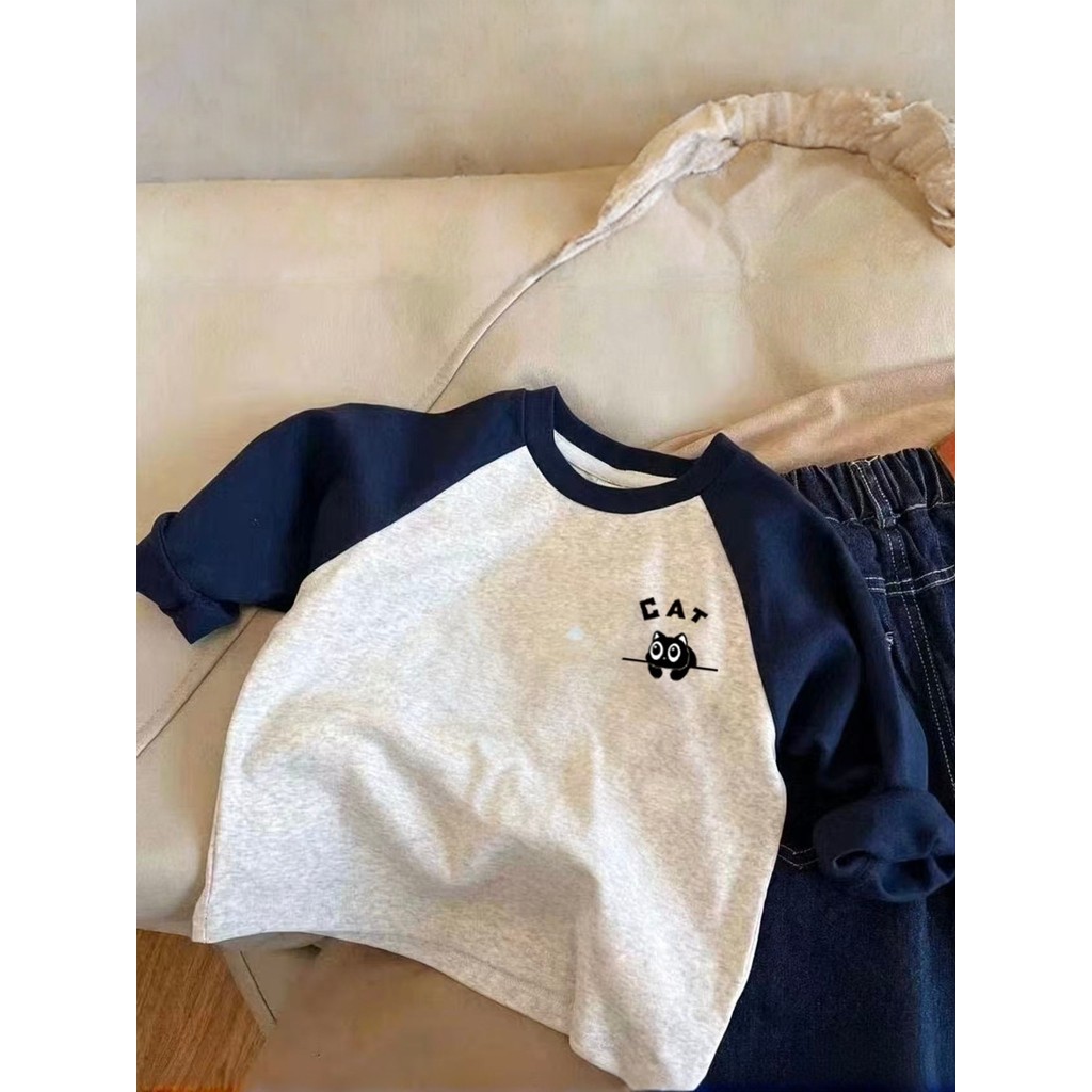 Algodão puro meninos Raglan em torno do pescoço de manga comprida camiseta 2026 primavera outono médio pequenas crianças