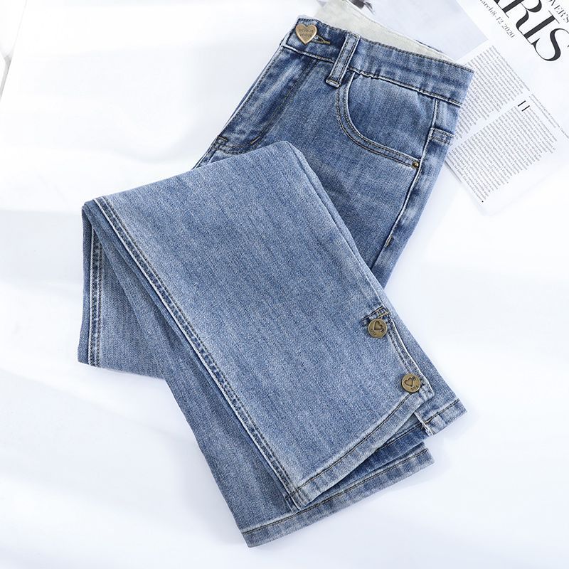 Calças de cigarro femininas 2025 primavera outono novo estilo cintura alta mais magro olhar cor clara fenda Jeans retos 