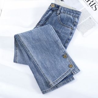 Calças de cigarro femininas 2025 primavera outono novo estilo cintura alta mais magro olhar cor clara fenda Jeans retos 