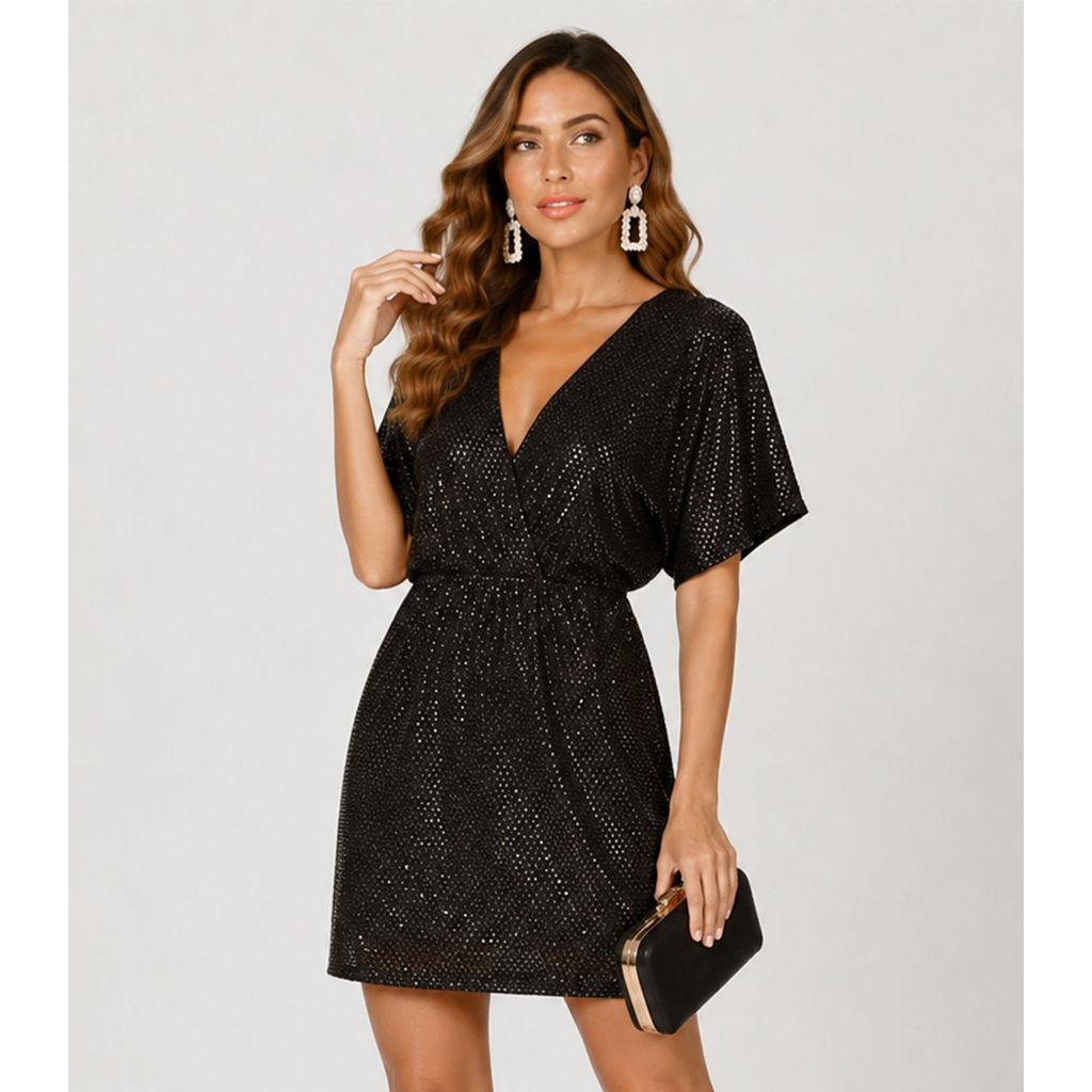 Vestido Curto Feminino Em Malha Lantejoula Endless Preto
