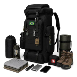 Mochila Tática 70L Camping Trilha Militar com Bandeira do Brasil para Viagem e Atividades Outdoor