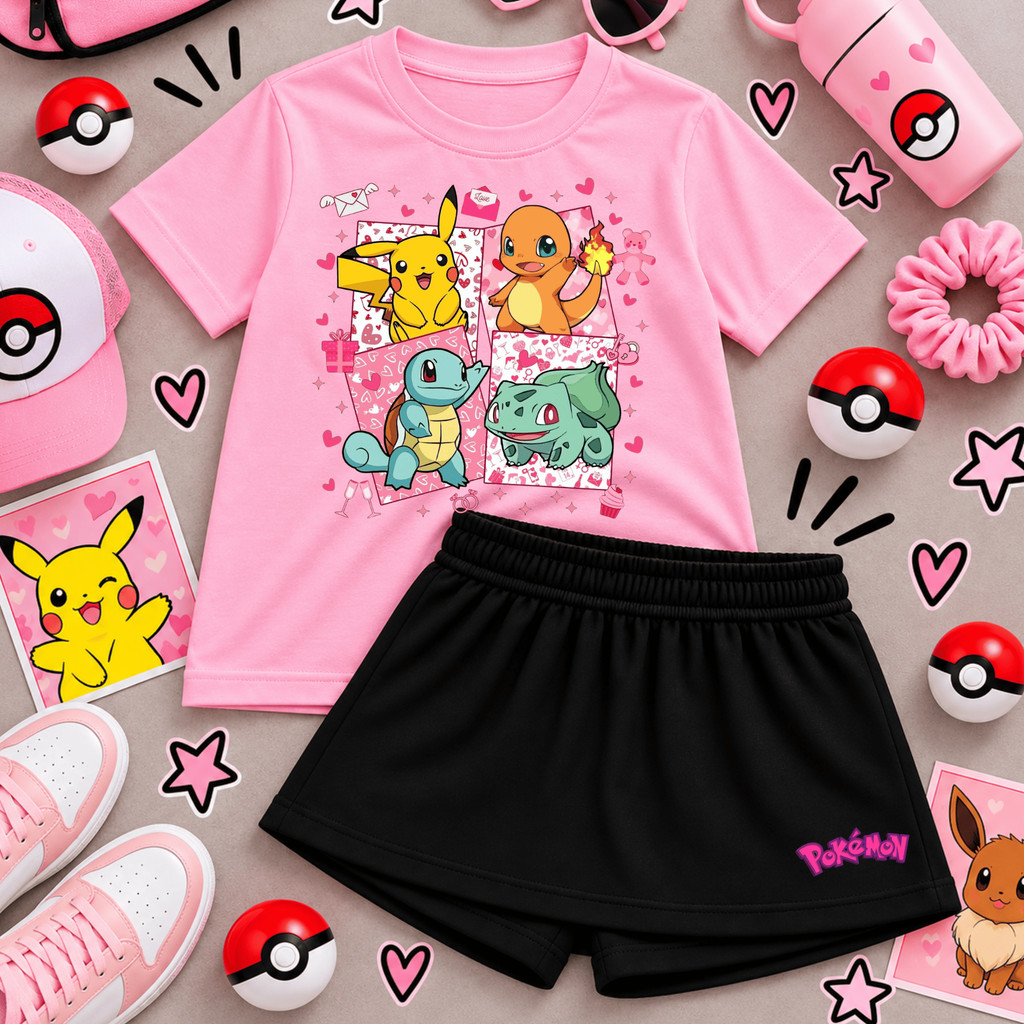 Conjunto Infantil Feminino Pokémon Pikachu Camiseta Estampada Short Saia Menina Roupa Infantil Verão Look Casual 2 Peças