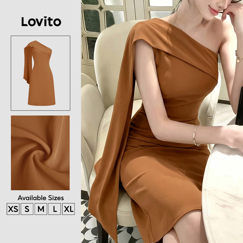 (New Arrival) Lovito Elegante Vestido Feminino de Ombro Frio com Alças Largas Linha de Estrutura Laranja Queimado primavera/verão DRB201P1D541