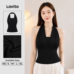 Lovito Top Casual Preto Feminino Simples Clássico Versátil de verão TKB202P2D231