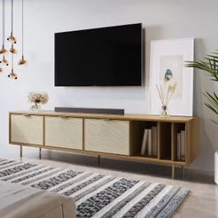 Rack para TV até 75 Polegadas 3 Gavetas com Palhinha Madeira Maciça 180cm Yescasa Marrom 180