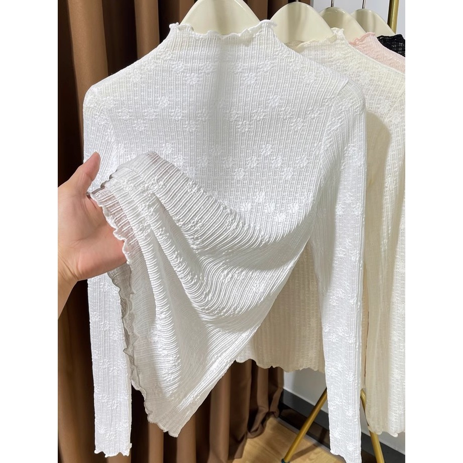 Meia gola alta manga comprida camiseta feminina primavera outono 2025 novo estilo renda estilo ocidental camisa de fundo