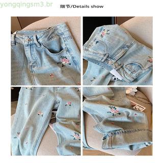 2024 Flor Bordado Jeans Reto Mulheres Cintura Alta Mais Magro Olhar Calças Perna Larga