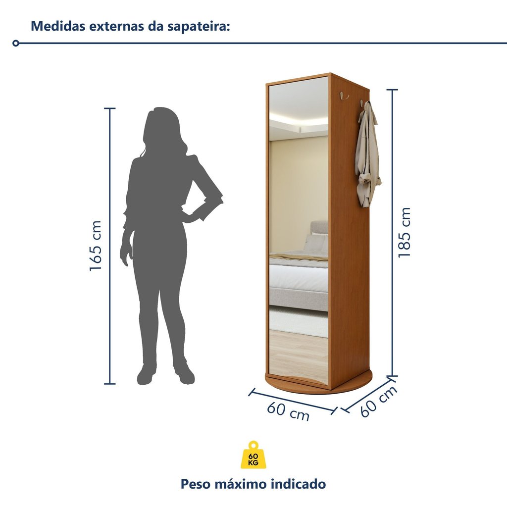 Sapateira Giratória com Porta de Espelho para 11 a 20 Pares Esthela Marrom/Amêndoa Clean Amêndoa Clean · foto 2