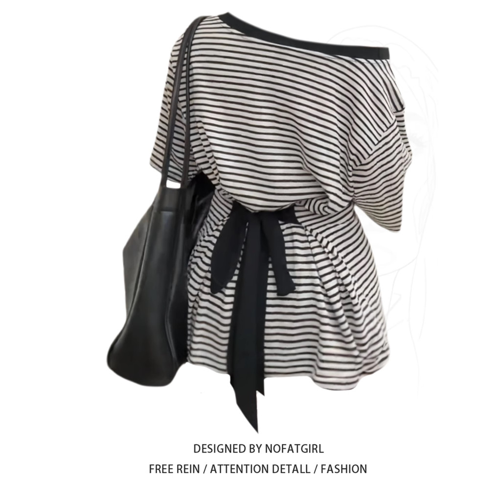 Tamanho grande gordura MM estilo coreano Design sentido Diagonal ombro listrado camiseta de manga curta feminina verão s
