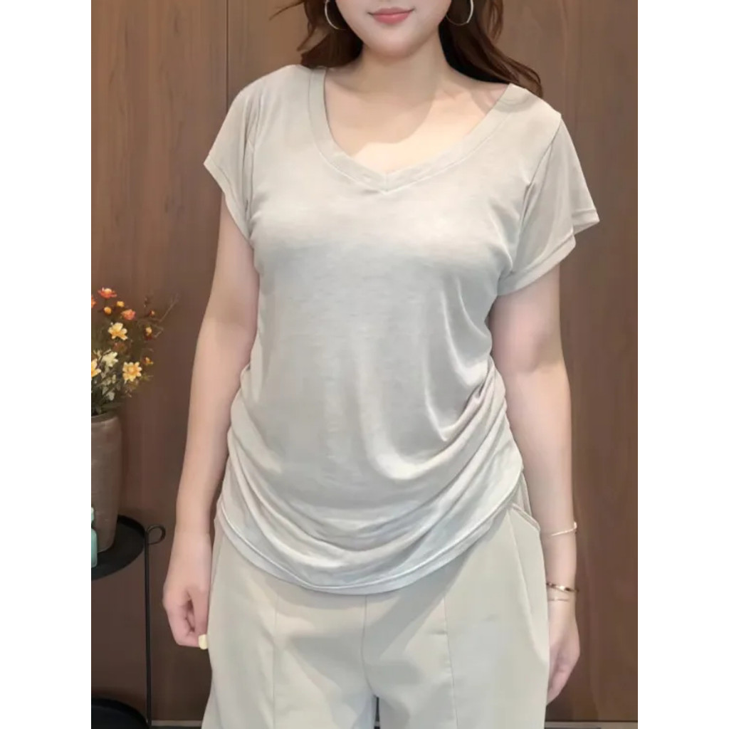 Tamanho grande gordura mm estilo coreano estilo preguiçoso com decote em V manga curta camiseta feminina verão novo esti