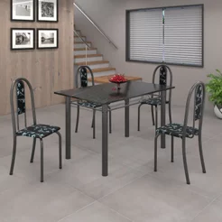 Conjunto de Mesa 120x75cm Tampo em Ardósia com 4 Cadeiras Iris a Cinza/Preto Floral/Martelado Prata/Indiano Preto