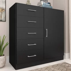 Cômoda para Quarto 1 Porta 5 Gavetas Miami Preto