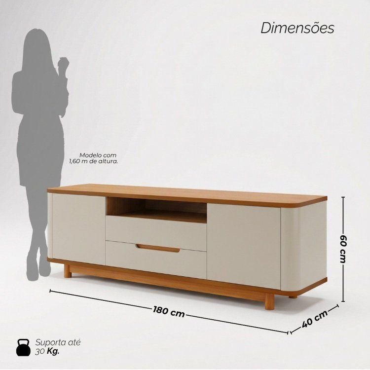 Rack para TV até 70 Polegadas MDF com Laterais Curvas 180cm Pés em Madeira Maciça Preto/Off White — imagem 2 de 2