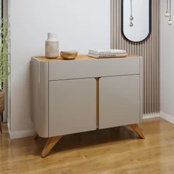 Buffet para Sala de Jantar Laqueado 100% MDF 2 Portas 92cm Pés Madeira Maciça Aros Off White/Naturalle