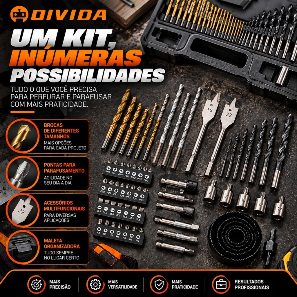 Kit 103 Peças Brocas Para Furadeira Parafusadeira Bits Pontas Soquetes Serra Copo Com Maleta — imagem 2 de 2