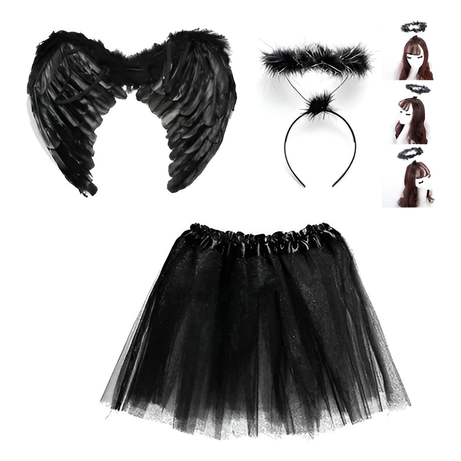 Kit Asa Pena + Tule Infantil +tiara Preta Fantasia Halloween