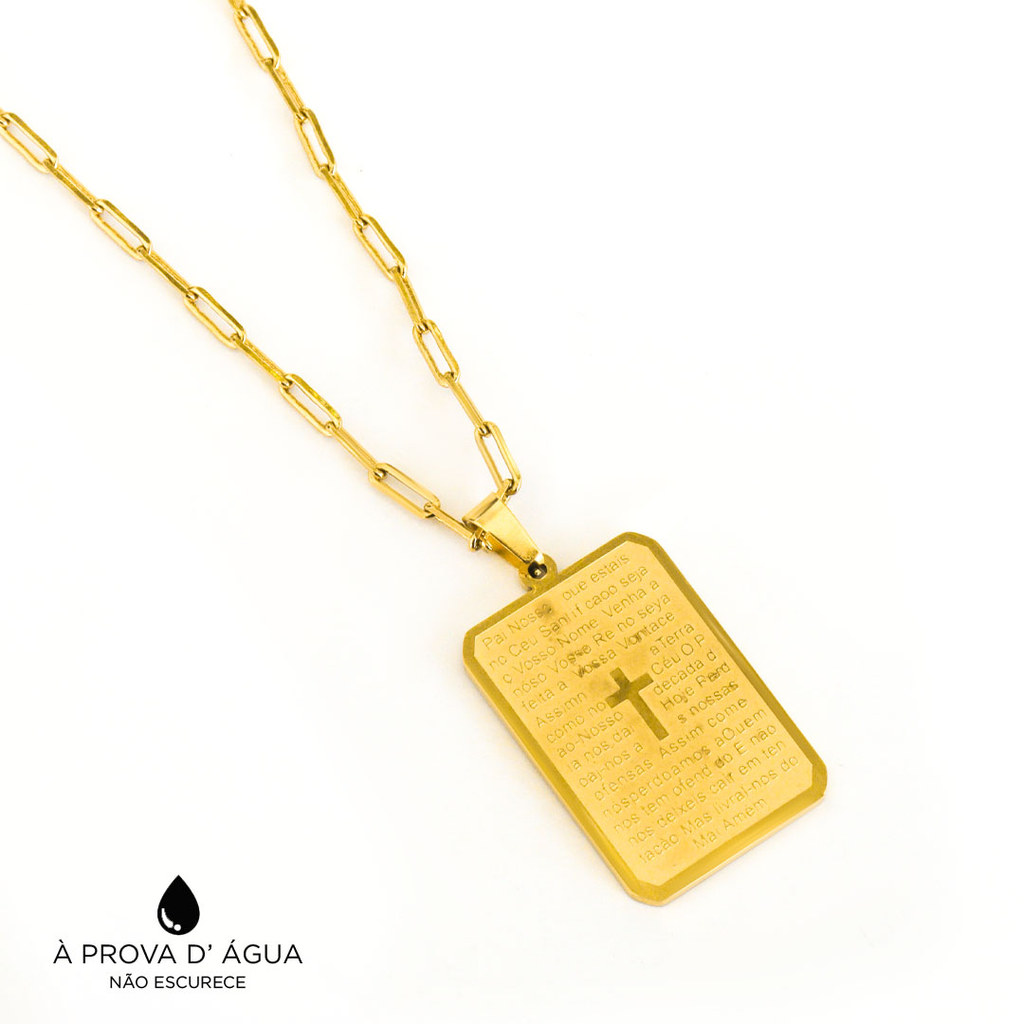 Kit Pingente Pai Nosso  (3,2cmx2,2cm) + Corrente Elo Cadeado Fino (2mm) 60cm - Aço Inoxidável