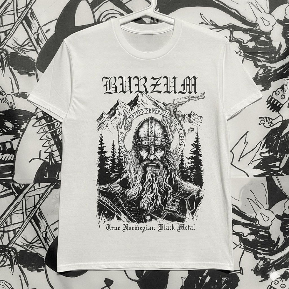 Camiseta Branca Unissex com Temática de Estilo Viking da Banda Burzum