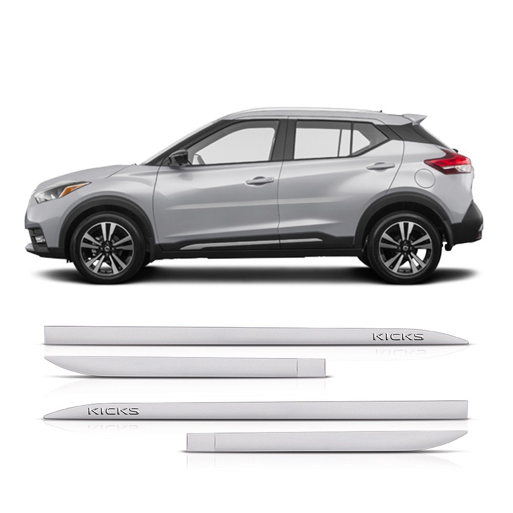 Friso Lateral Nissan Kicks 2016 a 2024 Flash Cotrim Protetor Portas Prata Classic Letra Cromada 4 peças