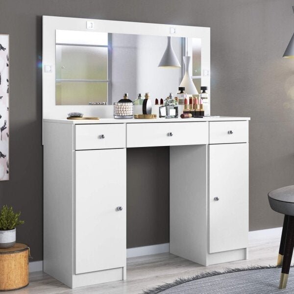 Penteadeira Camarim com Espelho e LED 3 Gavetas 2 Portas Carisma  Branco em Oferta na Shopee