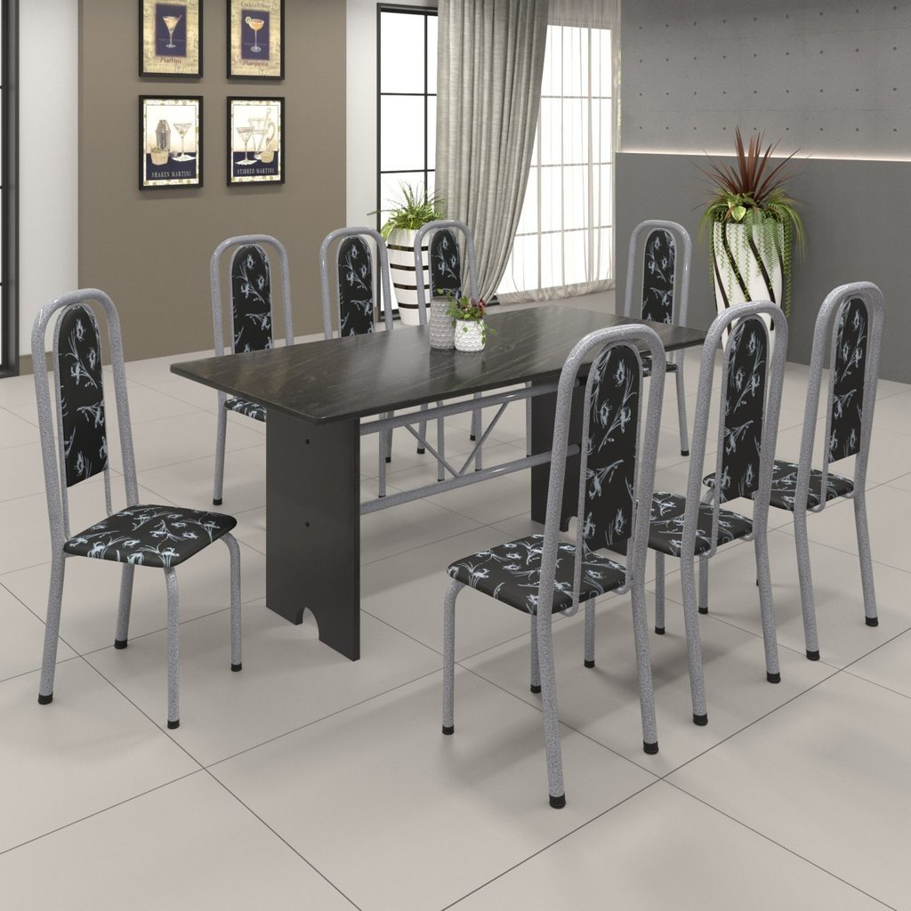 Conjunto de Mesa 180x75cm Tampo Ardósia com 8 Cadeiras Lavínea  Martelado Pérola/Preto Floral