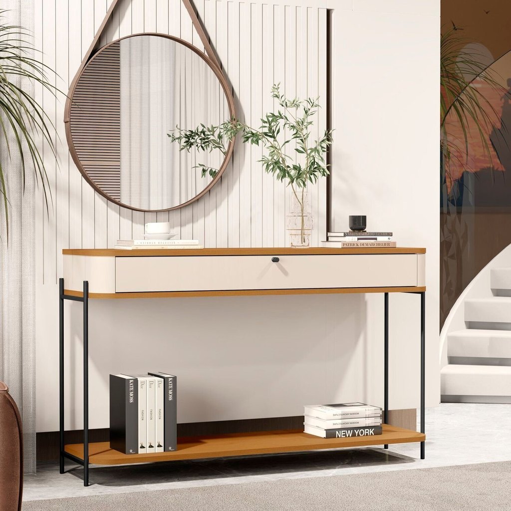 Aparador Curvo 1 Gaveta Pés e Puxador em Metal 121cm Tucupí Off White/Nature/Preto em Oferta na Shopee