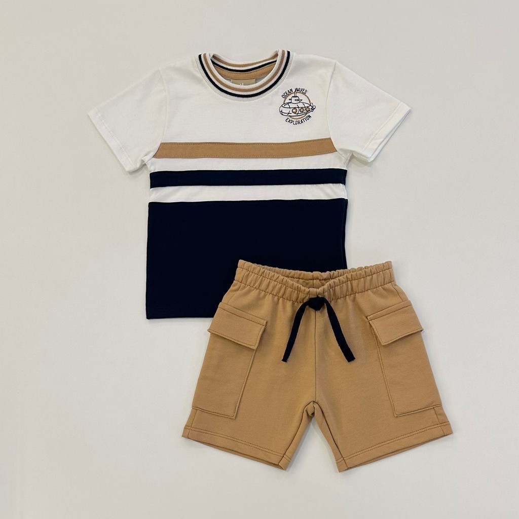 Conjunto Infantil Menino Milon Camiseta Listrada Azul Bege e Bermuda Cargo Caramelo