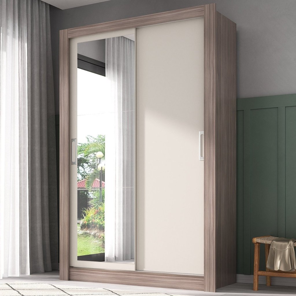 Guarda-roupa Solteiro 2 Portas com Espelho Ágata Yescasa Off White/Castanho em Oferta na Shopee