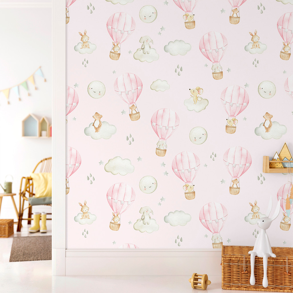 Papel de Parede Infantil Aquarela Rosa Balão e Animais | Quarto de Bebê Menina Auto Adesivo Decorativo Suave e Delicado