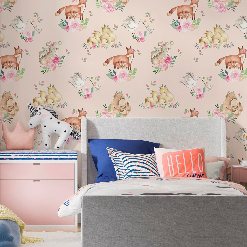 Papel de Parede Infantil Aquarela Rosa Animais e Flores | Quarto de Bebê Menina Auto Adesivo Decorativo Delicado