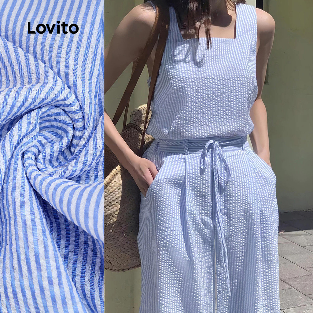 Lovito Macacão Casual de Renda com Amarração Primavera/verão Macacão Azul para Mulheres L155AD1294