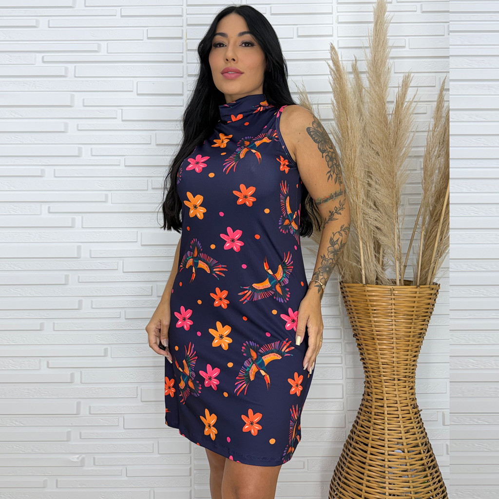 Vestido Estampado Praia Inspiração Farm Curto Gola Alta Feminino