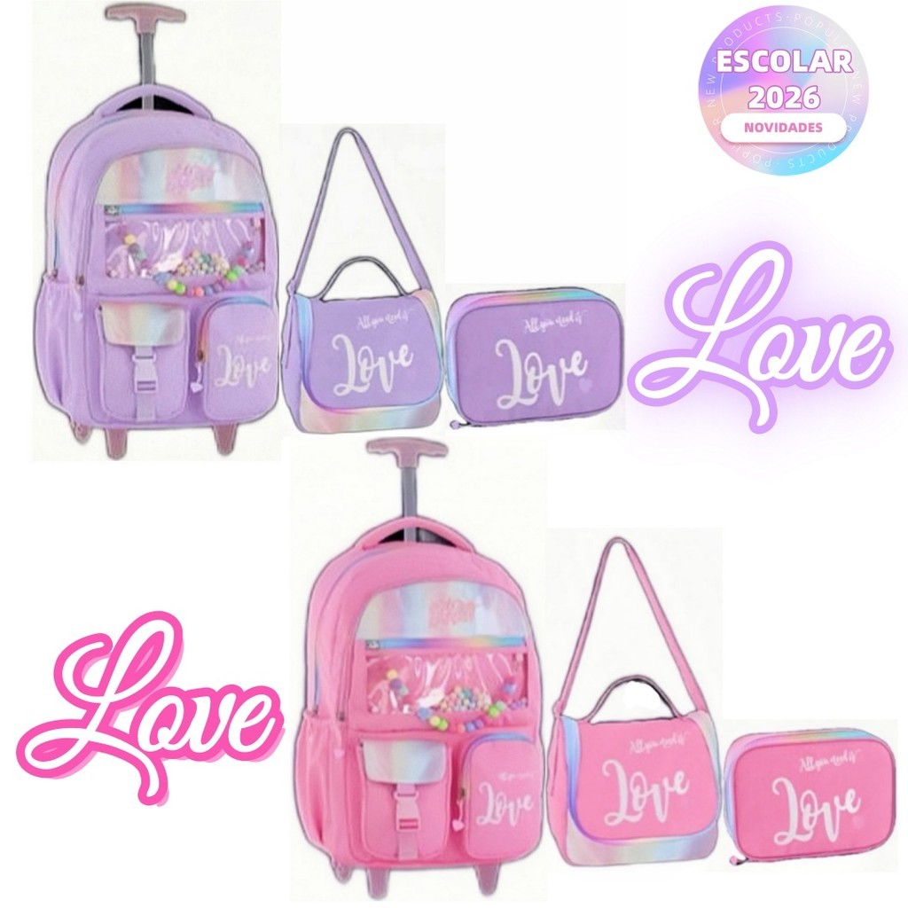 Kit Mochila Holográfica Love 18” Escolar Juvenil 2 Rodas Feminino Passeio Escolar Metalizado Lancheira Térmica E Estojo em Oferta na Shopee