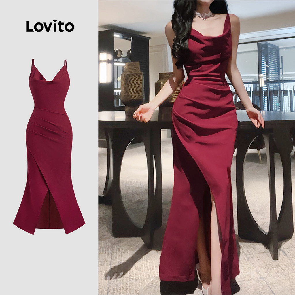 Lovito Vestido De Festa Com Fenda Frontal E Pregas Cor Vinho Para Primavera/verão L155ED043 em Oferta na Shopee