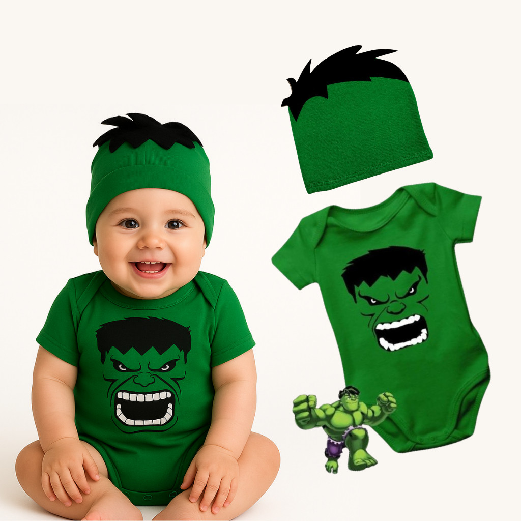 Body Bebe Mesversario Fantasia Avengers Tematico Hulk Touca