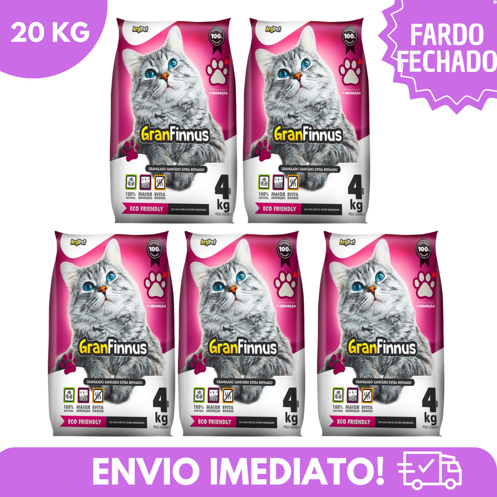 Kit 5 Areia Sanitária Higiênica Premium Argila Natural Gatos Fina Granfinnus 20 kg Argipet Mimo Cat