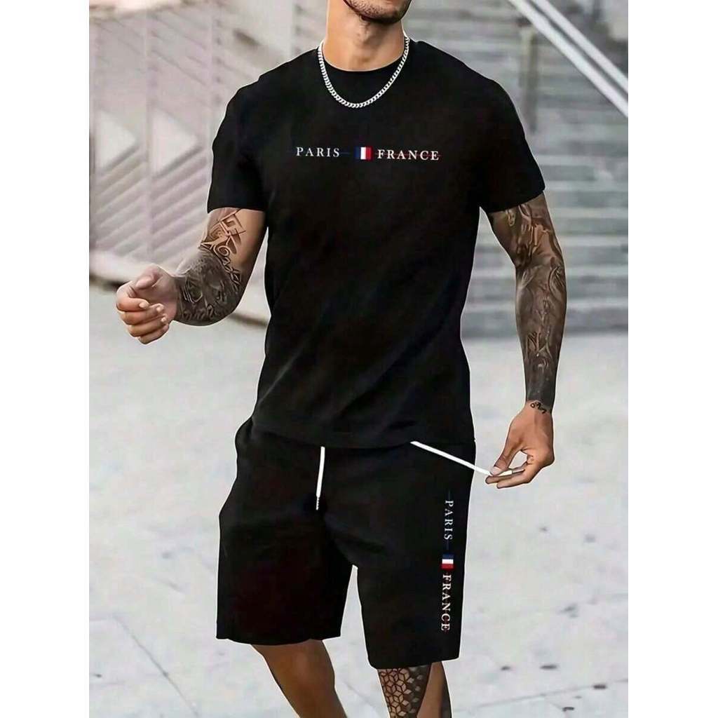 Conjunto Cmiseta e short Masculino Paris France Bandeira Camiseta 100% Algodão + Short Tectel Moda Masculina Streetwear