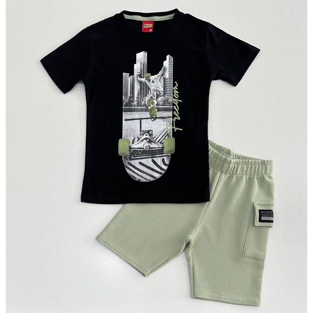 Conjunto Infantil Menino Kyly Camiseta Preta Skate com Bermuda Verão 1001374