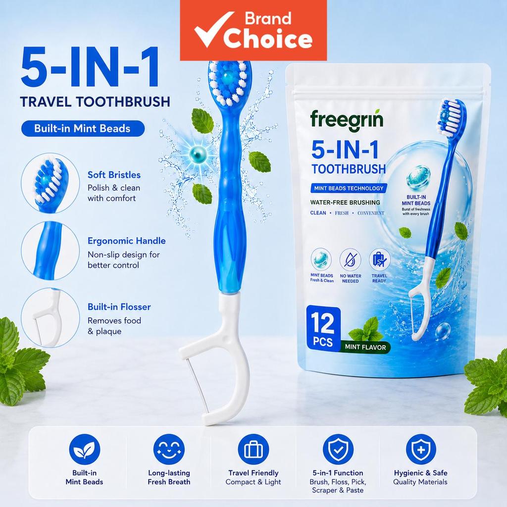 Escovas de dentes Freegrin 12 unidades 5 em 1, com contas de menta, sem enxágue, portátil para acampar e escritório