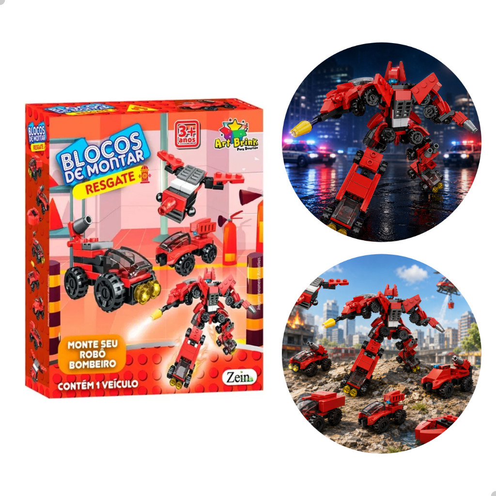 Coleção Completa Blocos de Montar Resgate Bombeiro 8 Carrinhos Formam Robô Gigante Infantil