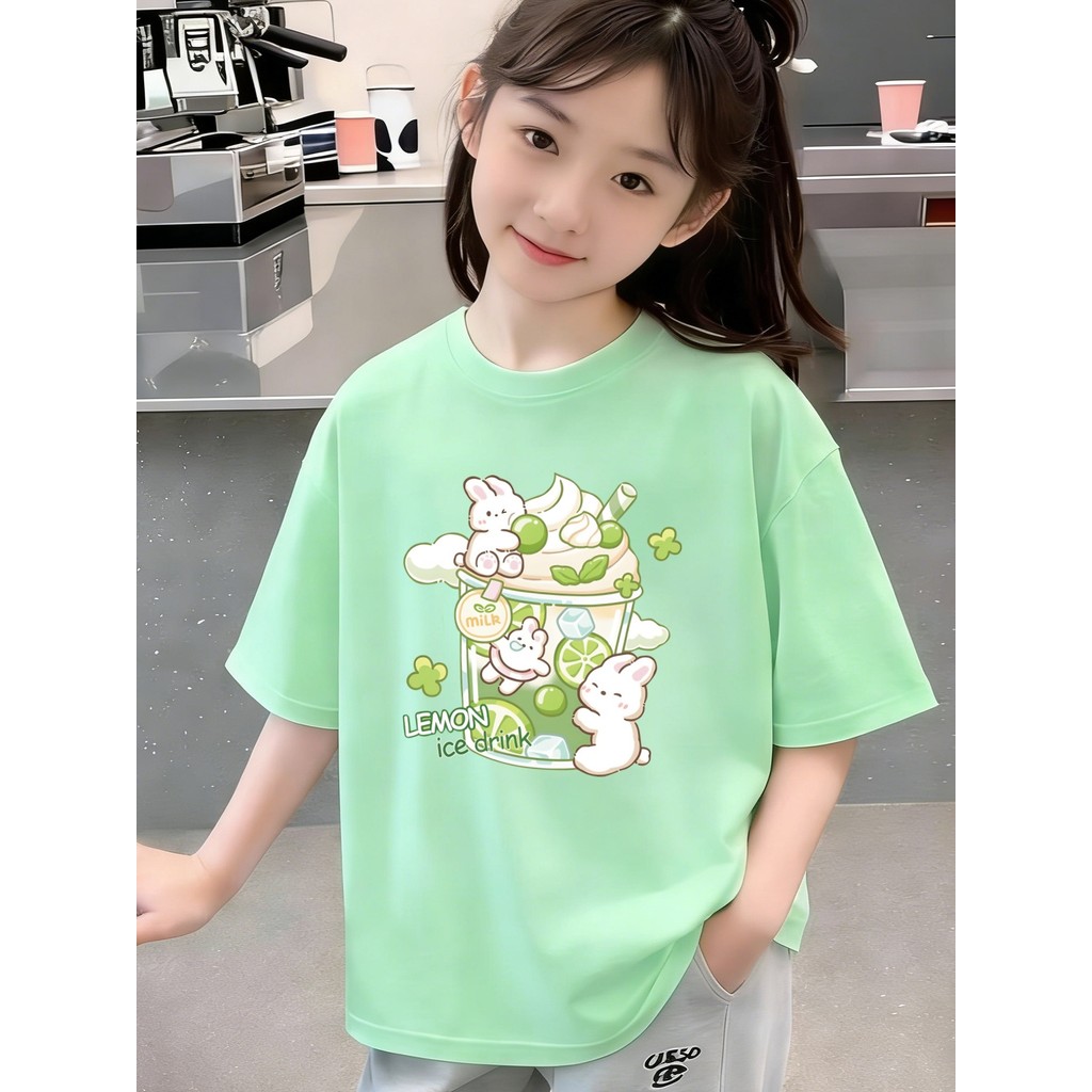 Meninas puro algodão de manga curta camiseta roupas infantis verão 2026 novo estilo crianças estilo ocidental impresso C