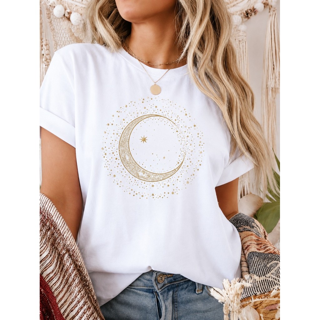 Tshirt Feminina Estilosa Camisa Estampada Círculo De Lua E Poeira Das Estrelas Estampada Lançamento Camiseta 100% Algodã